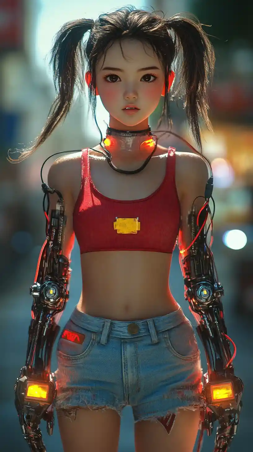 Cute anime girl in armor and casual streetwear