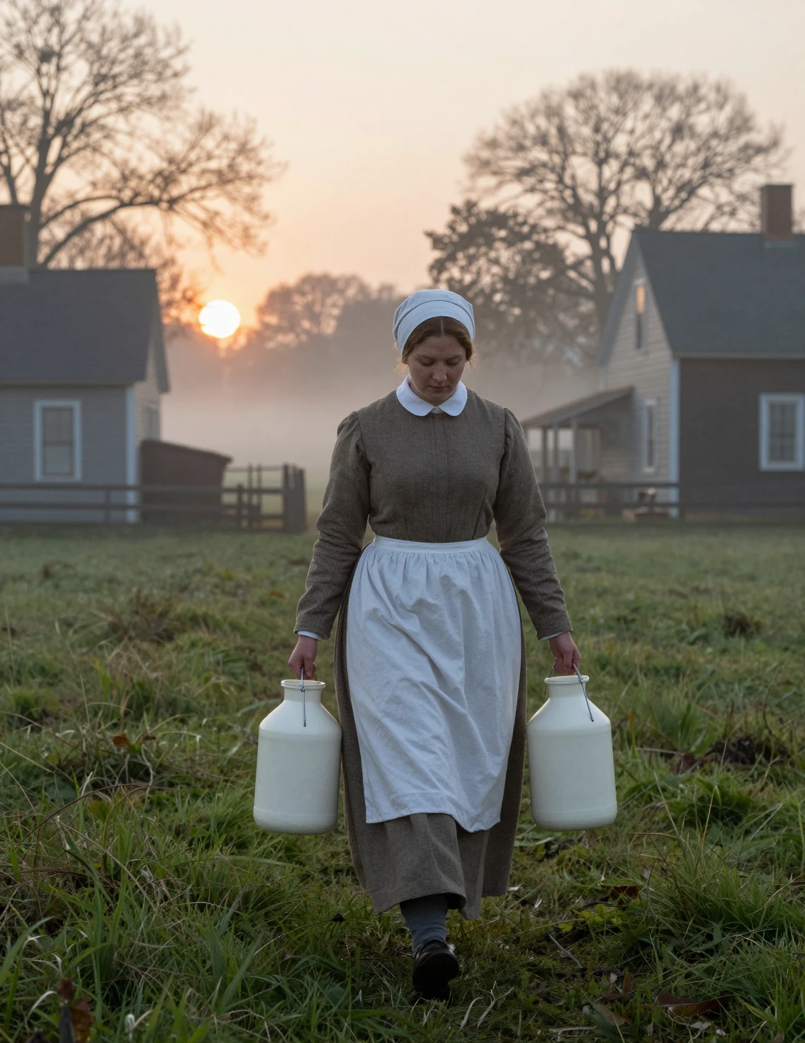 Mujer puritana cargando cubos de leche al amanecer en un pueblo brumoso