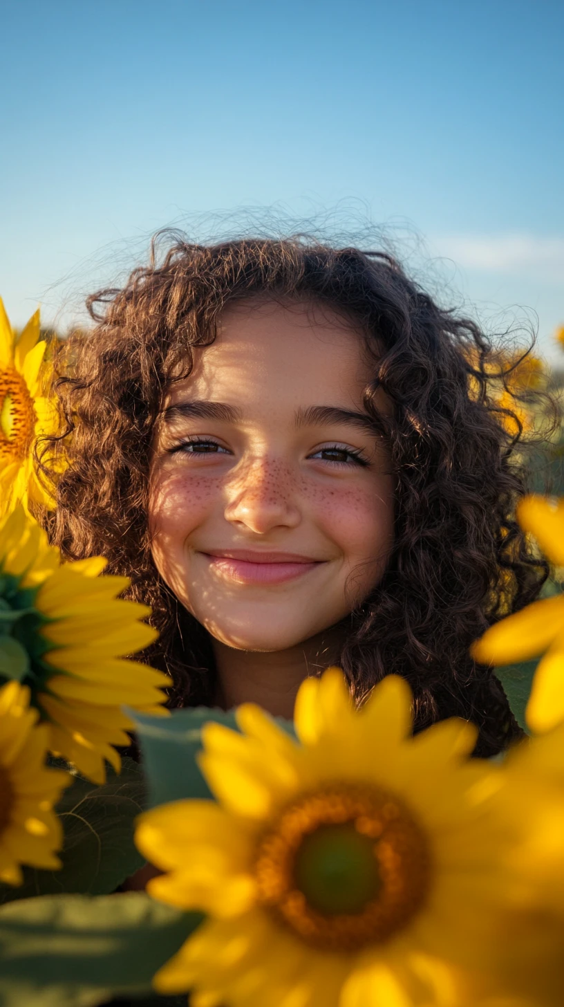 Joven sonriente entre girasoles bajo un cielo azul brillante