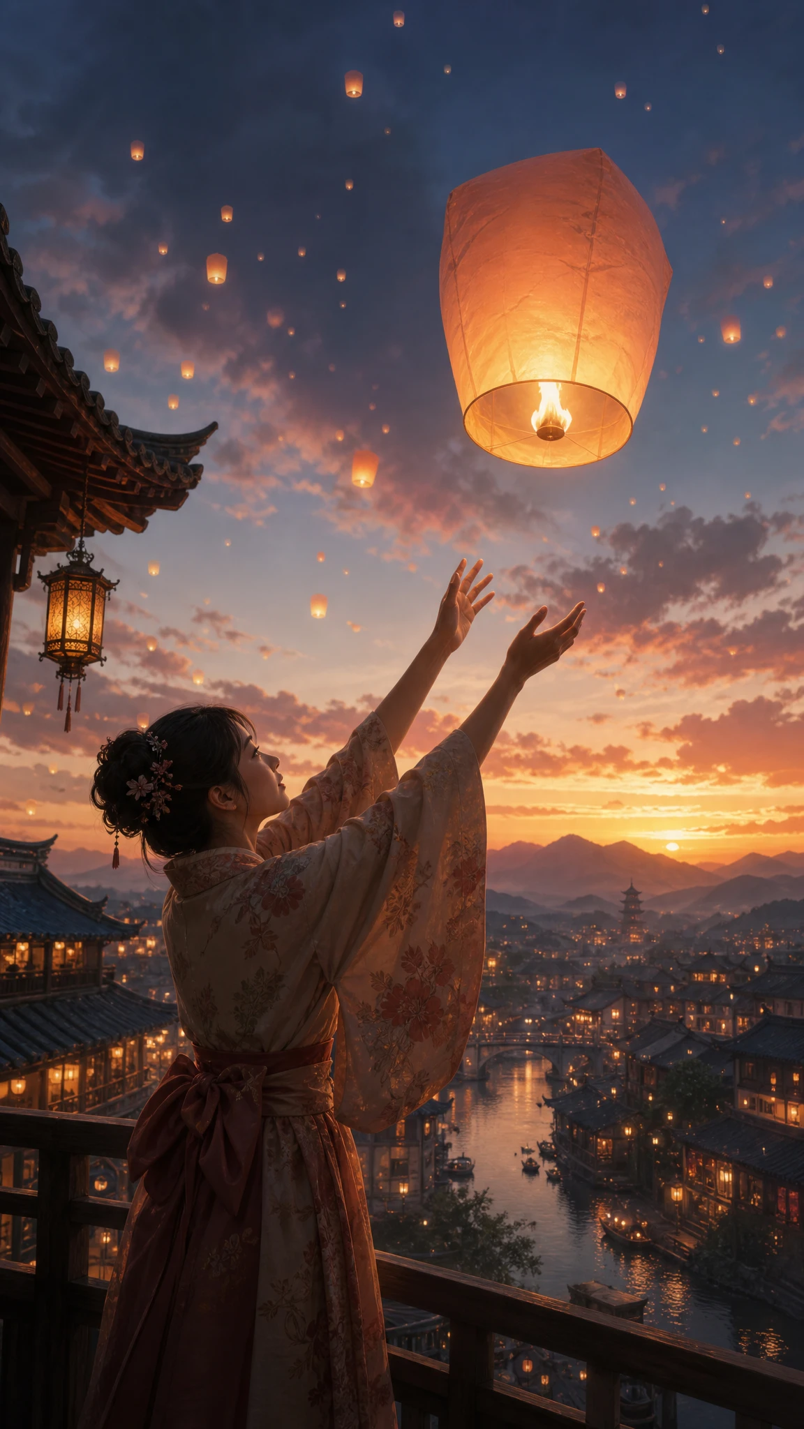 Young woman in kimono releasing lantern into evening sky
