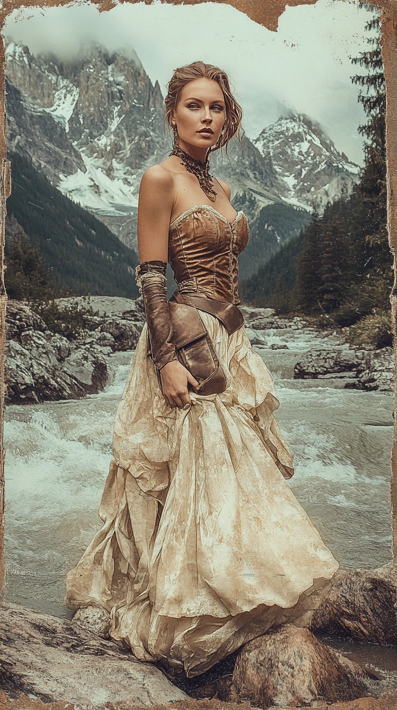 Mujer vintage con vestido de cuero junto a un río de montaña salvaje