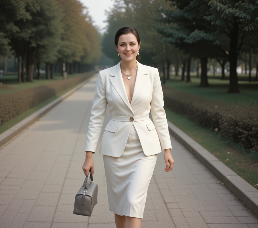 Mujer fashion sonriente con chaqueta abierta y collar