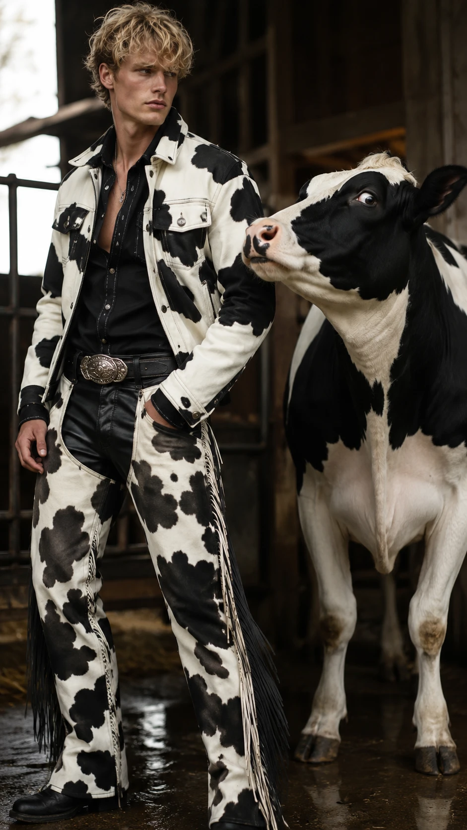 Hombre rubio con moda de estampado de vaca junto a una vaca lechera desconfiada