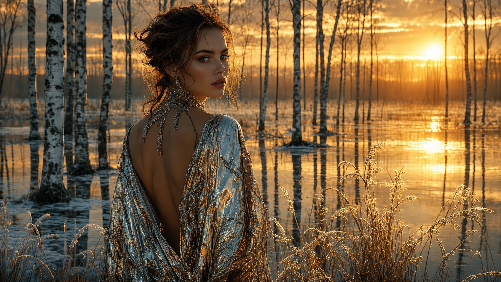 Mujer en bosque de abedules junto a pantano espejado al atardecer