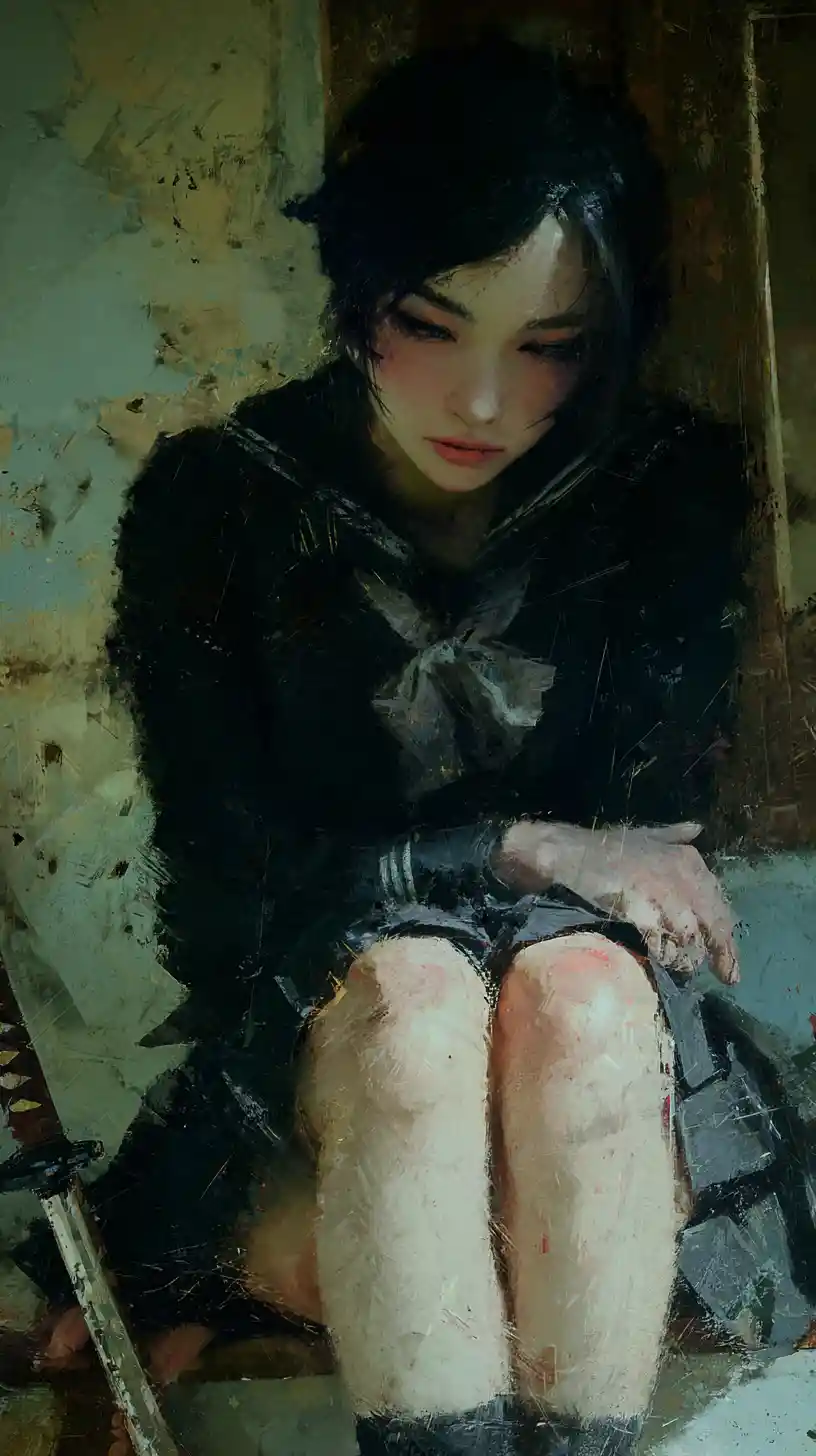 Young woman in tattered school uniform in abandoned classroom