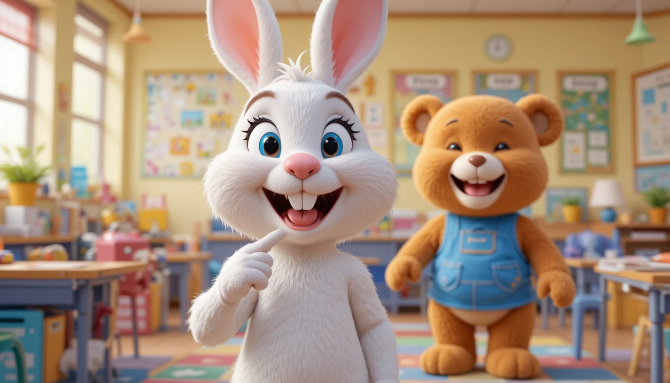 Niedlicher weißer Hase und Teddybär im bunten Klassenzimmer