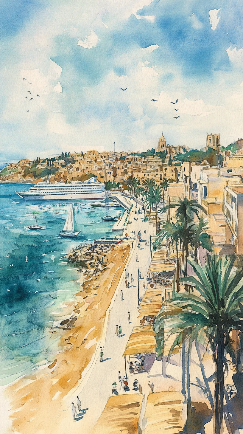 Panorama ad acquerello di una soleggiata cittadina portuale mediterranea