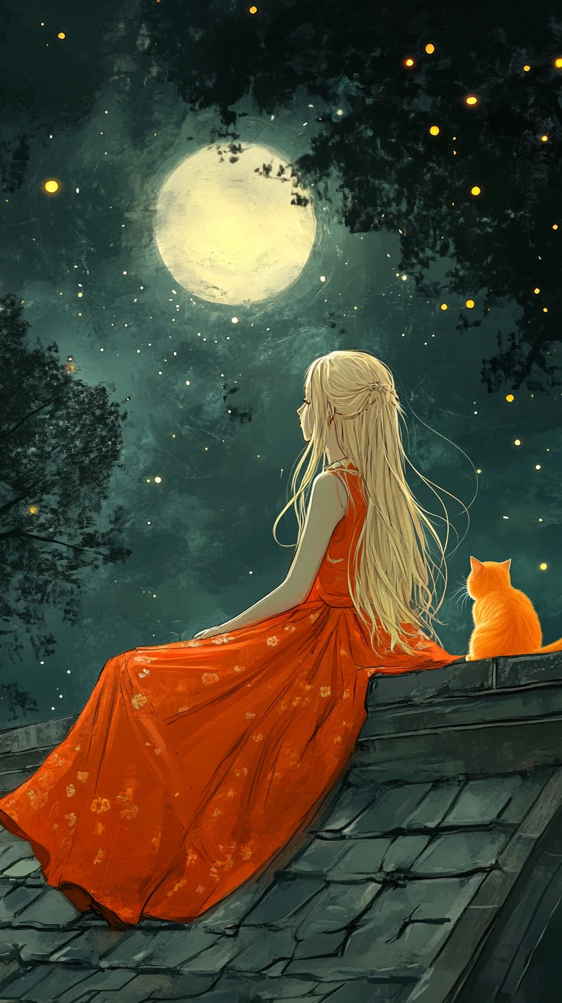 Chica rubia con gato naranja bajo un cielo nocturno brillante