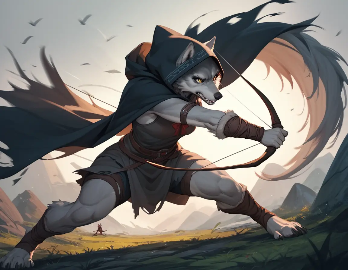 Anthropomorphic Wolf Archer Fighting A Monster With Bow