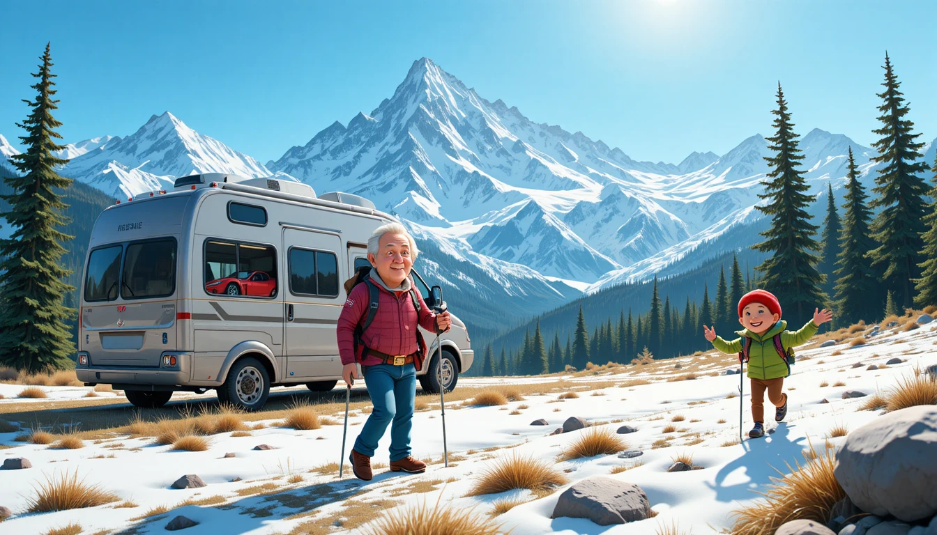 Camper di lusso con auto sportiva in un prato di montagna