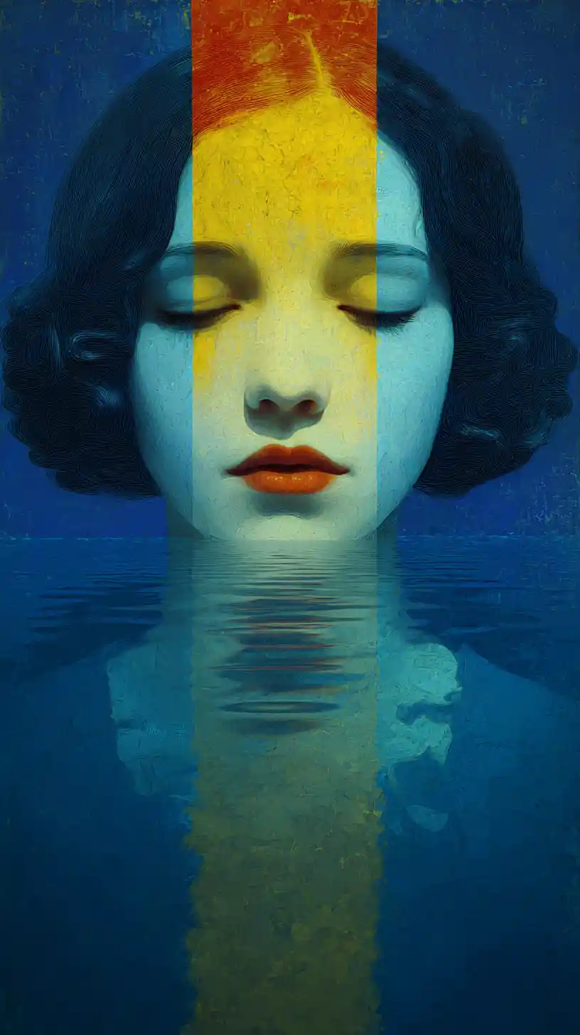 Surreal ethereal lovescape in vivid indigo and red tones
