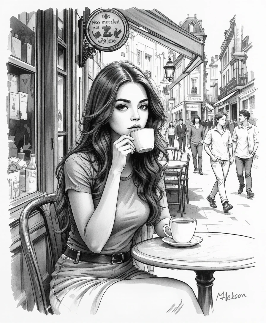 パリの街角カフェでコーヒーを味わう若い女性