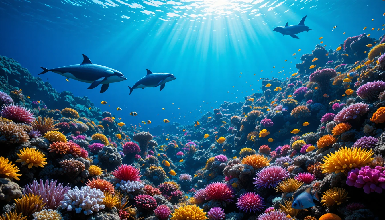 Colorful coral reef with dolphins orca and sea turtle