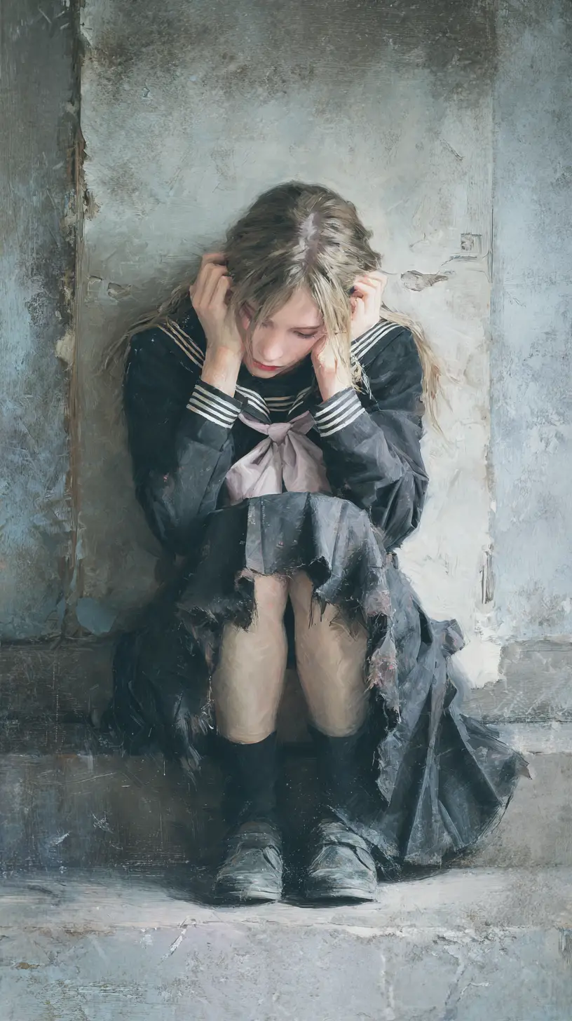 Young girl in torn uniform in an abandoned school