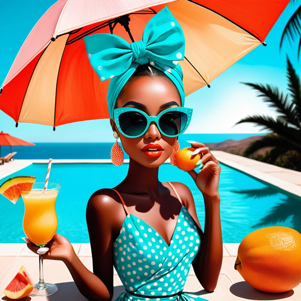 Mujer glamorosa de ojos grandes junto a la piscina con bebida tropical