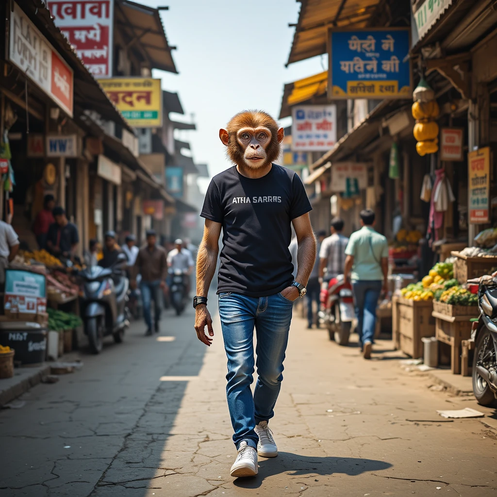 忙しいインドの市場通りを歩く擬人化したサル