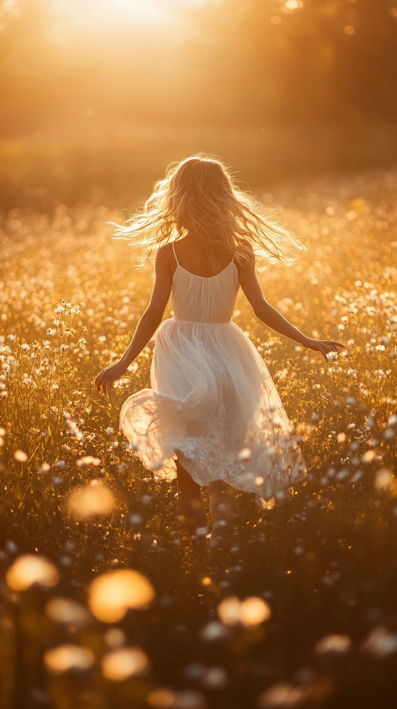Niña con vestido blanco corriendo por un prado de flores bañado por el sol