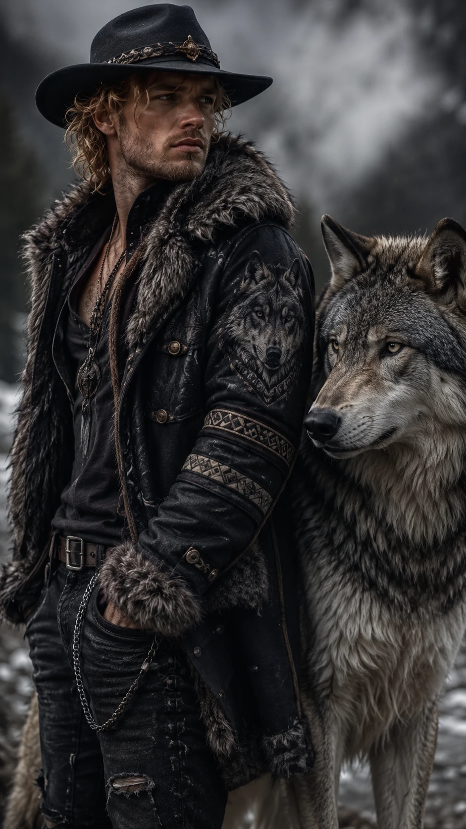 Hombre rubio rudo con moda inspirada en lobos al aire libre