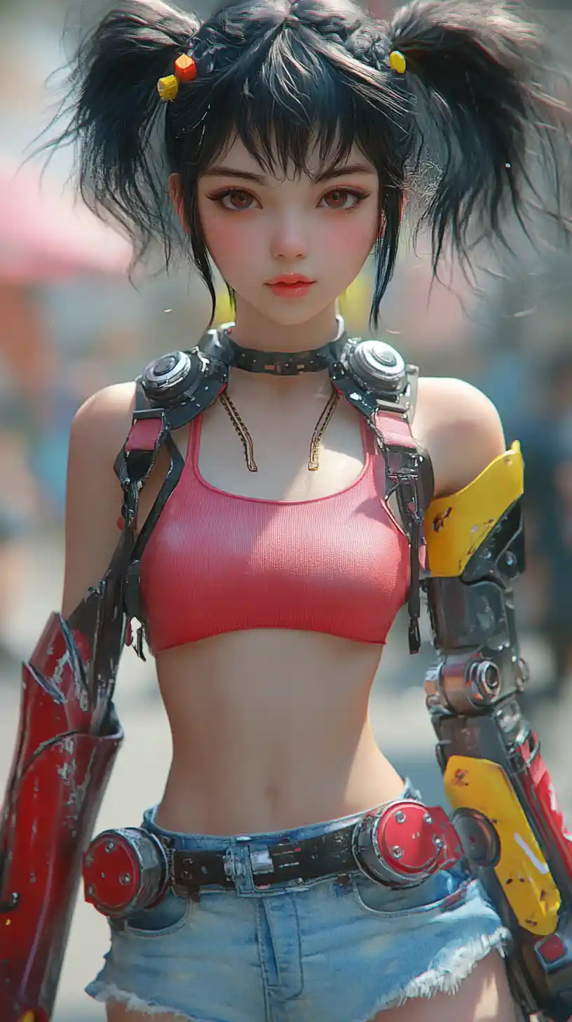 Anime girl in armor with red top in close up view
