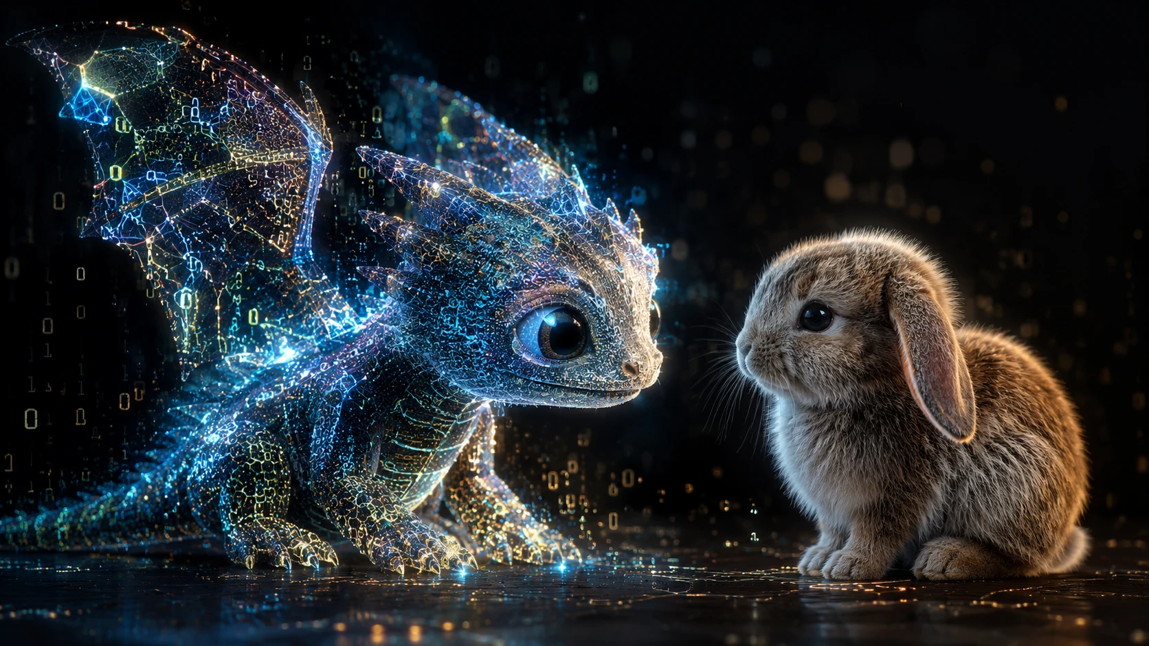 Dragón bebé hiperrealista hecho de partículas de datos con conejo tierno