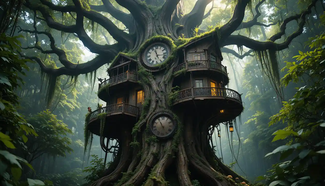 Casa del árbol fantástica con detalles mecánicos en un bosque antiguo
