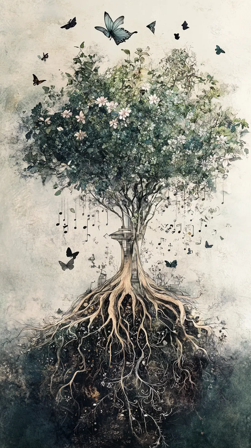 Antiche radici formano simboli musicali sotto gli alberi di una foresta incantata