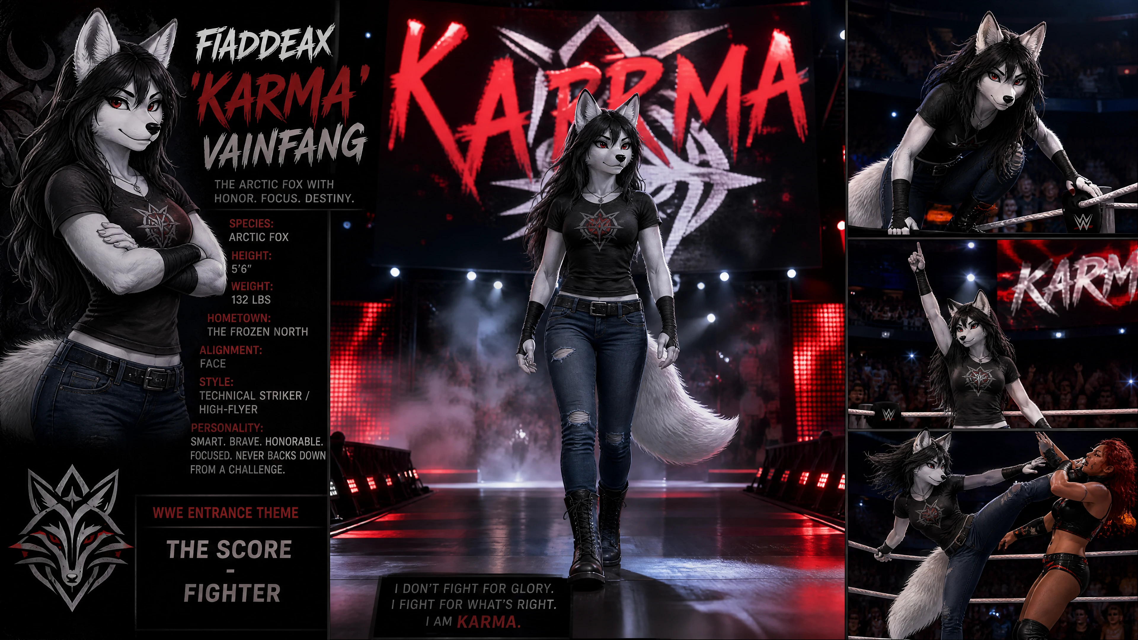 Luchadora mujer zorro ártico antropomorfa con atuendo casual de ring