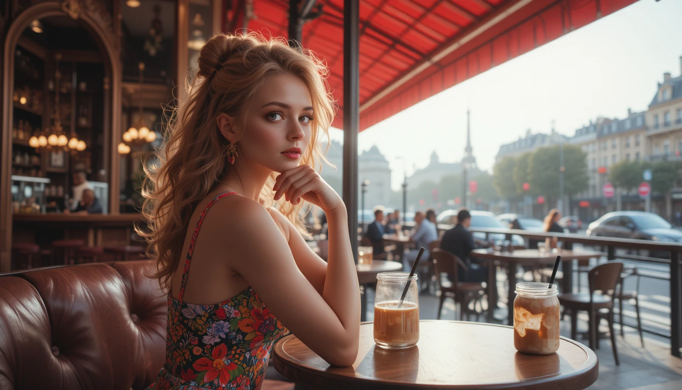 Mujer curvilínea bebiendo café con vista futurista de París