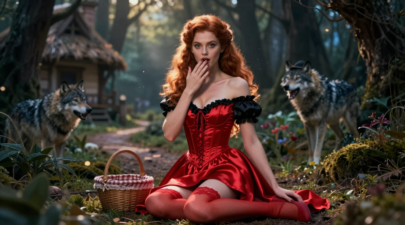 Mujer con capa roja en un bosque encantado al crepúsculo