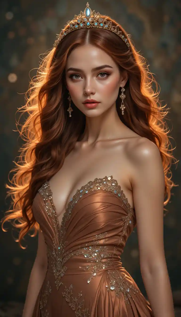 Mujer elegante de cabello castaño rojizo con corona y joyas