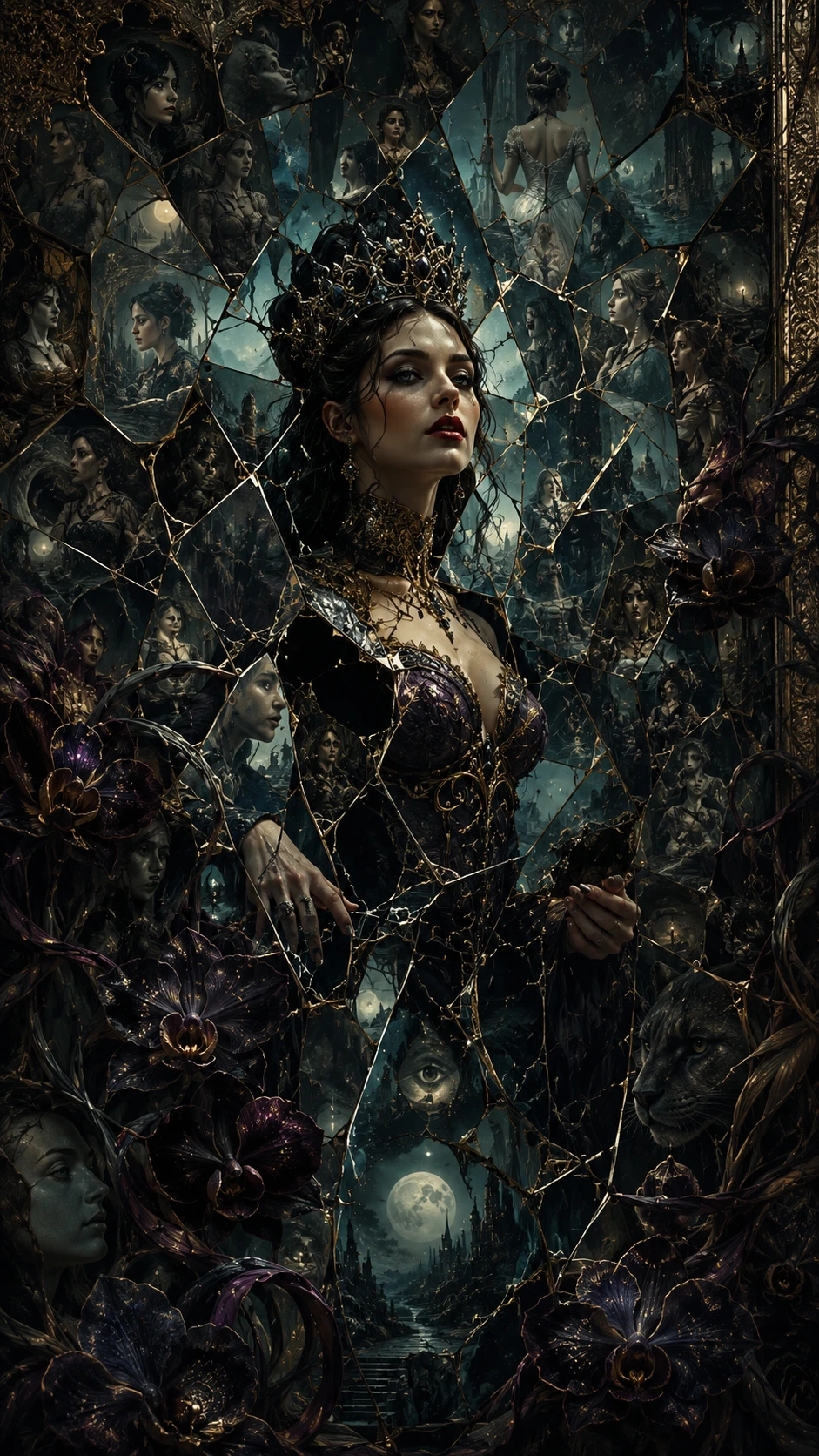Regal queen emerging from fractured mirrors and orchids