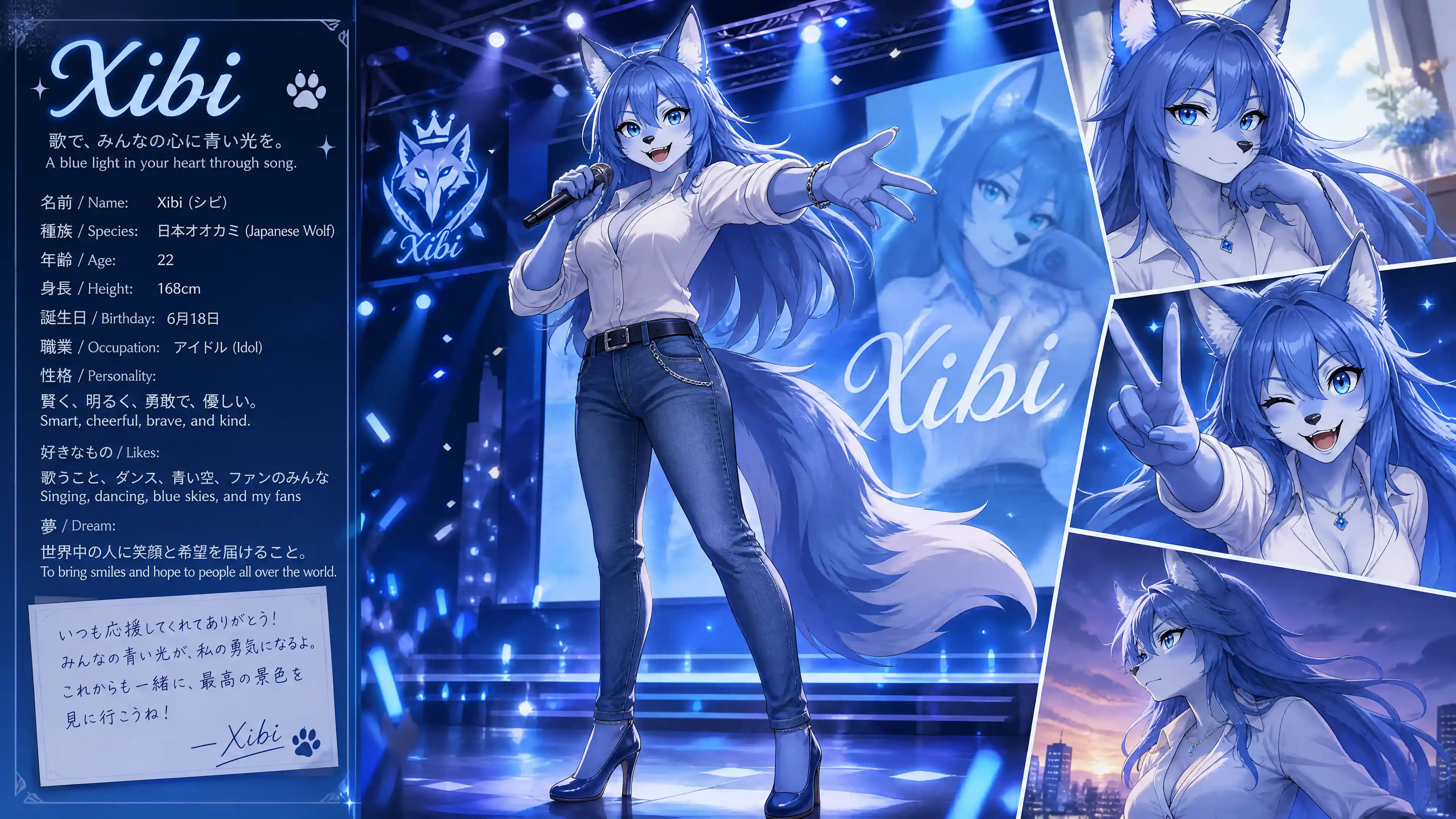 Cheerful blue fur wolf girl idol in casual fashion