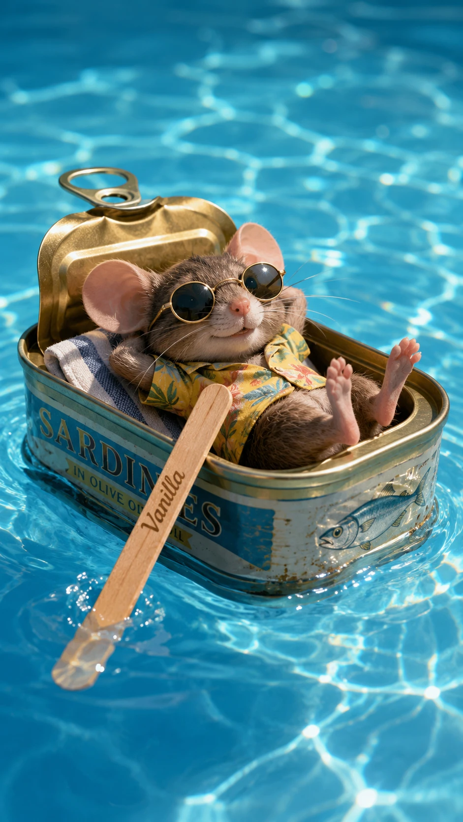 Topolino giocoso che naviga in una scatoletta di sardine in una piscina soleggiata
