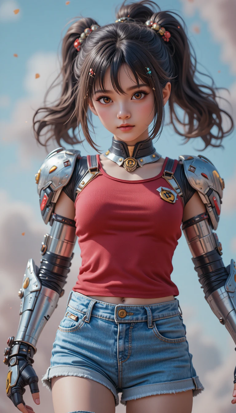 Tierna chica de anime con armadura y fondo cyber en tonos pastel