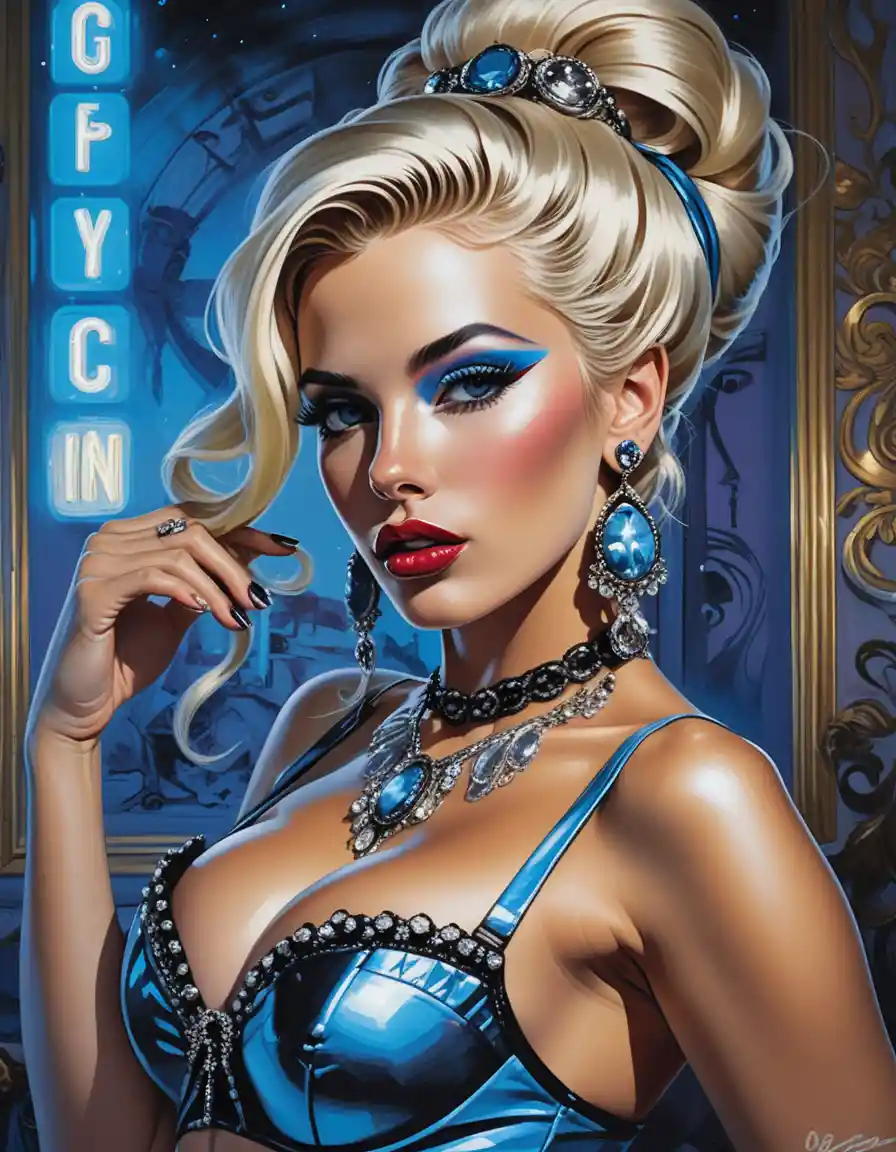 Glamorous neon courtesan pinup in baroque fashion