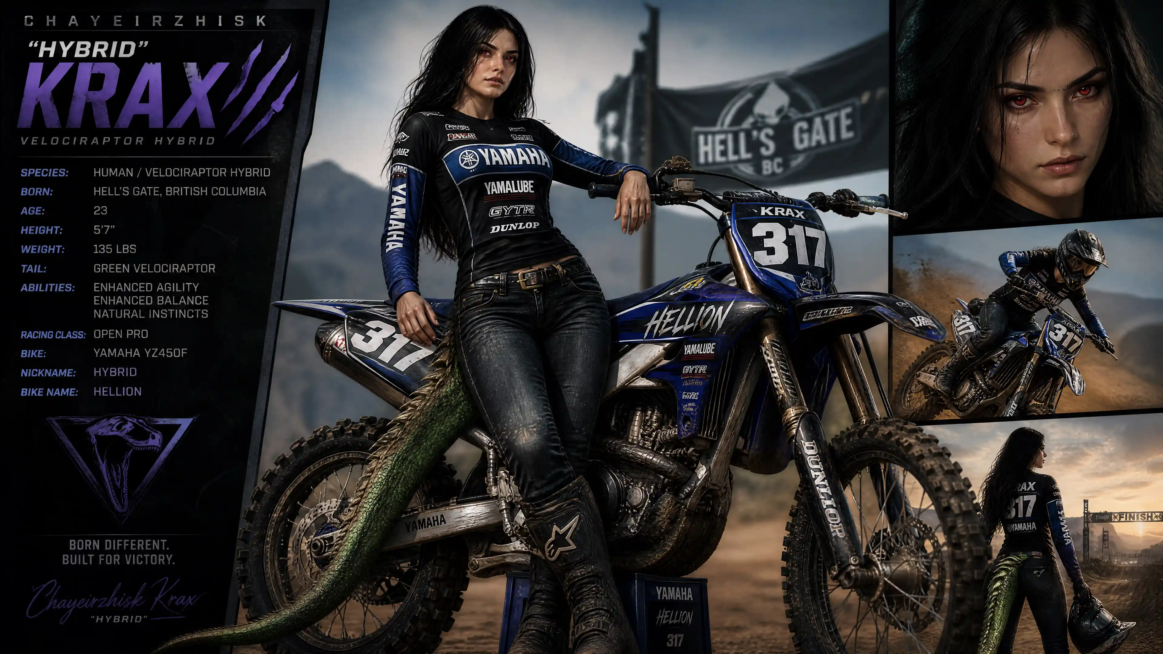 Calm female racer with green raptor tail on dirt bike