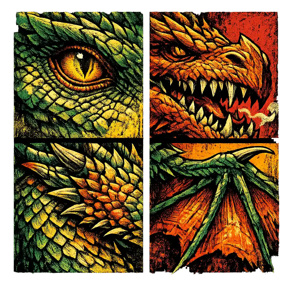 Ilustração de dragão em close-up em quatro painéis com gravura marcante