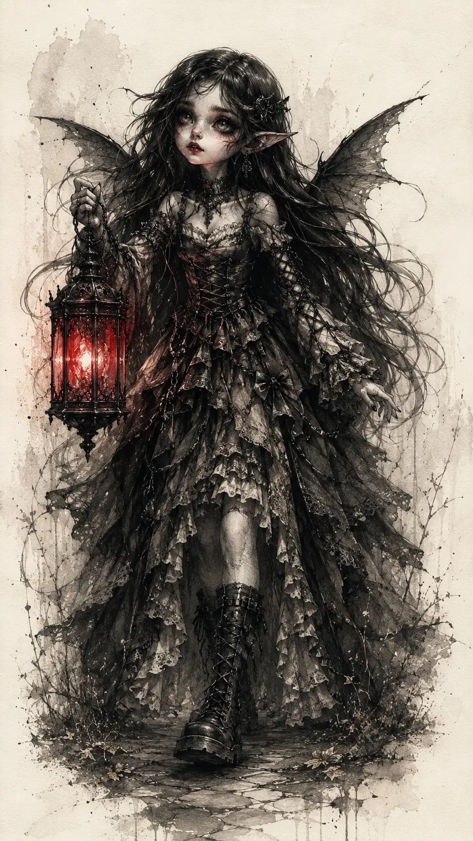 Gothic fairy girl walking with a glowing crimson lantern