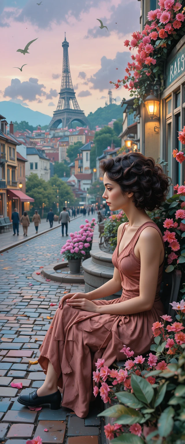 Retrato impresionista de una mujer glamurosa en un jardín floral