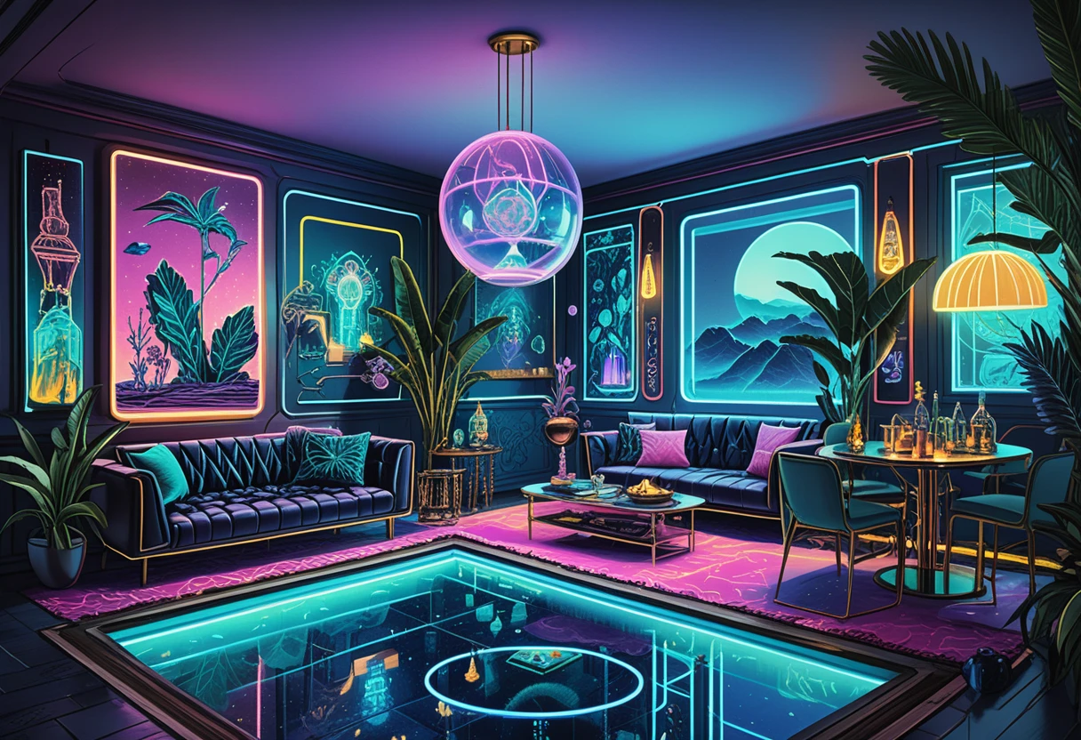 Fantasy lounge interior with neon bar and water feature
