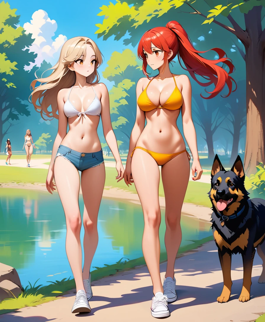 Dos chicas adolescentes caminando juntas por un parque soleado