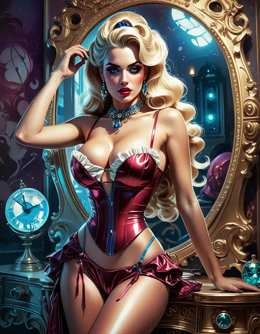 Glamorous platinum blonde courtesan in baroque couture pose