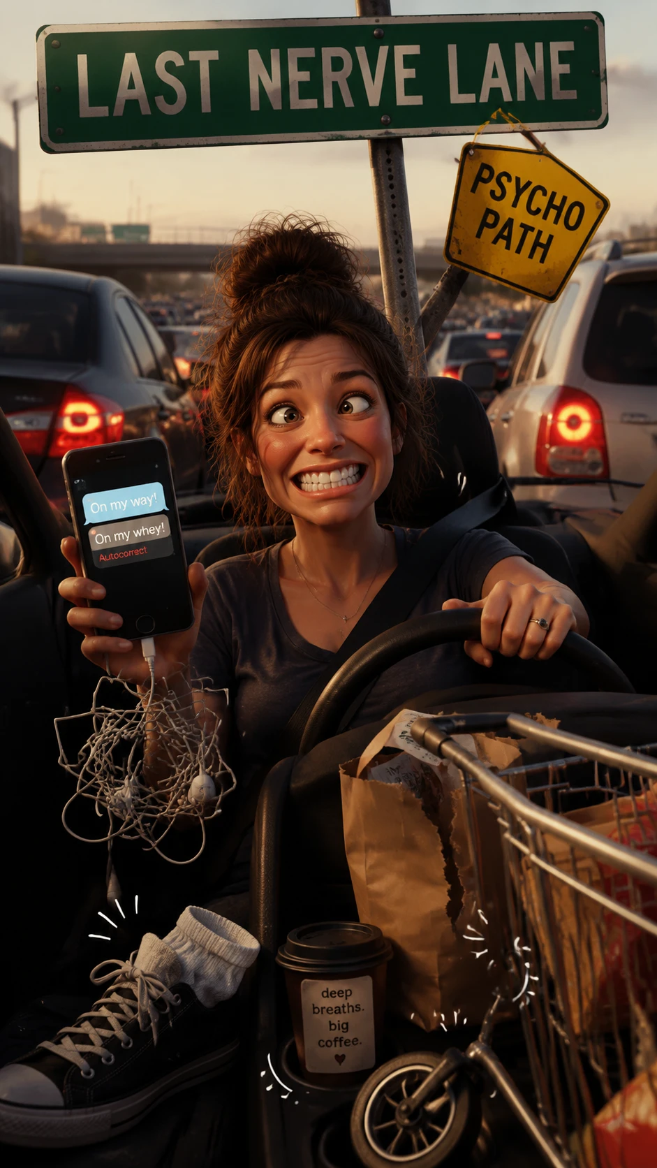 Mujer en un atasco sonriendo con tranquila frustración
