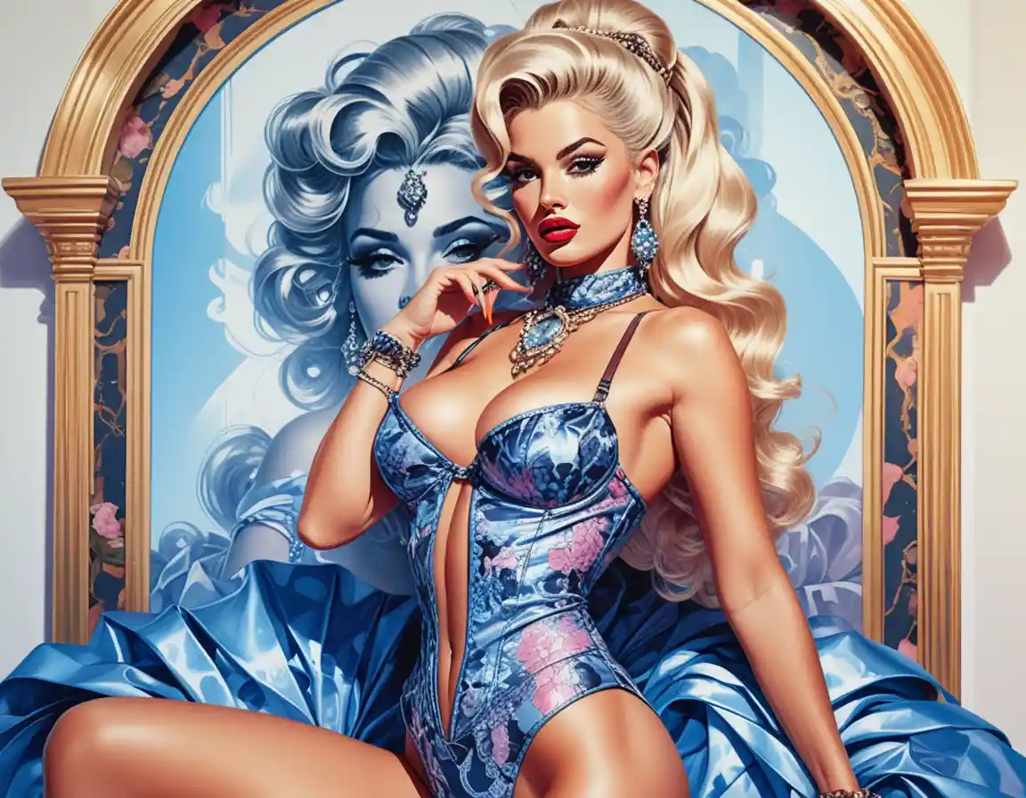 Neon goddess pinup in ornate baroque couture