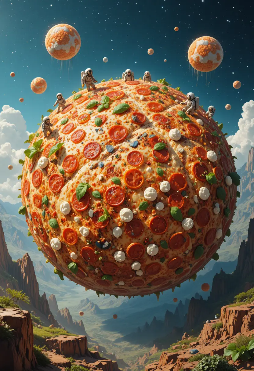 Fantasy pizza planet with astronauts and mushroom harvest