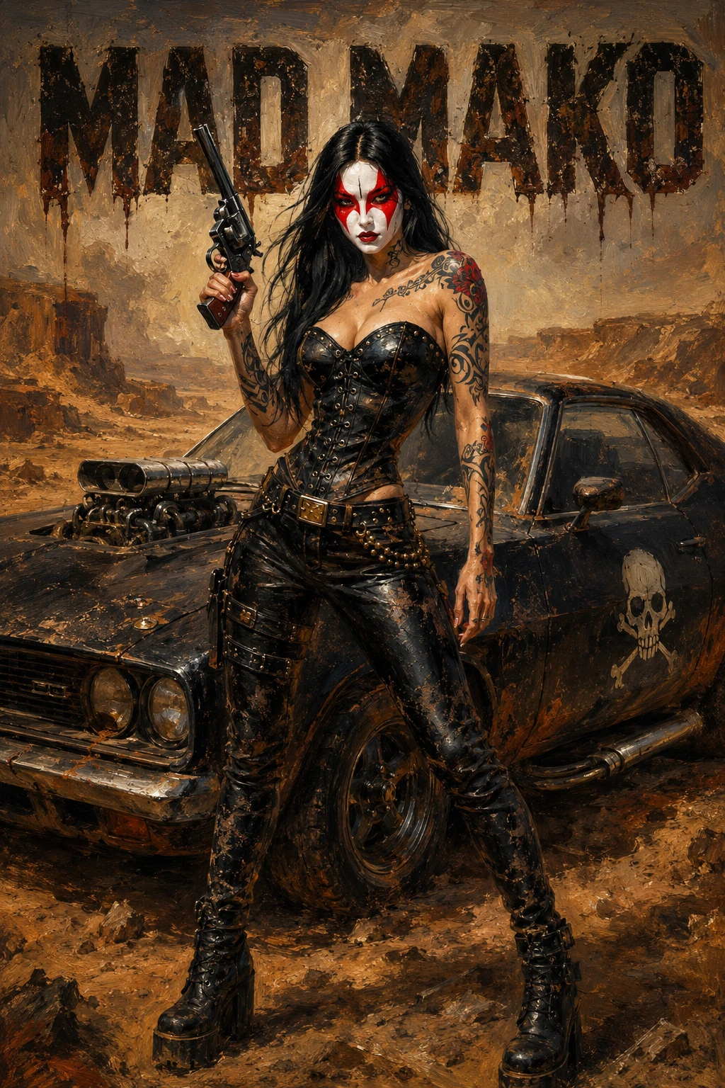 Guerrera del desierto tatuada frente a un muscle car negro en ruinas