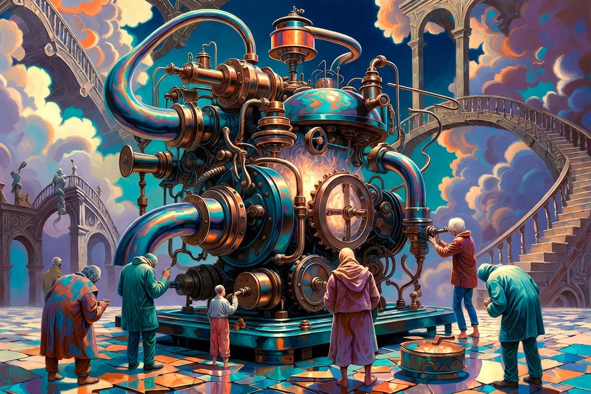 Pintura al óleo surrealista de un motor cósmico iridiscente