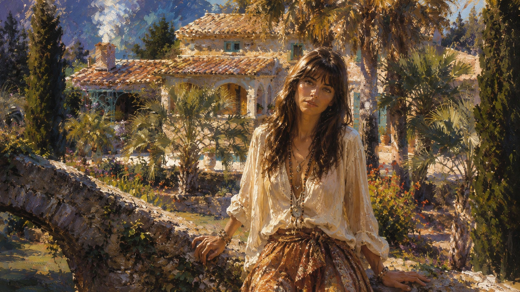 Jovem mulher hippie posando em uma ensolarada costa mediterrânea