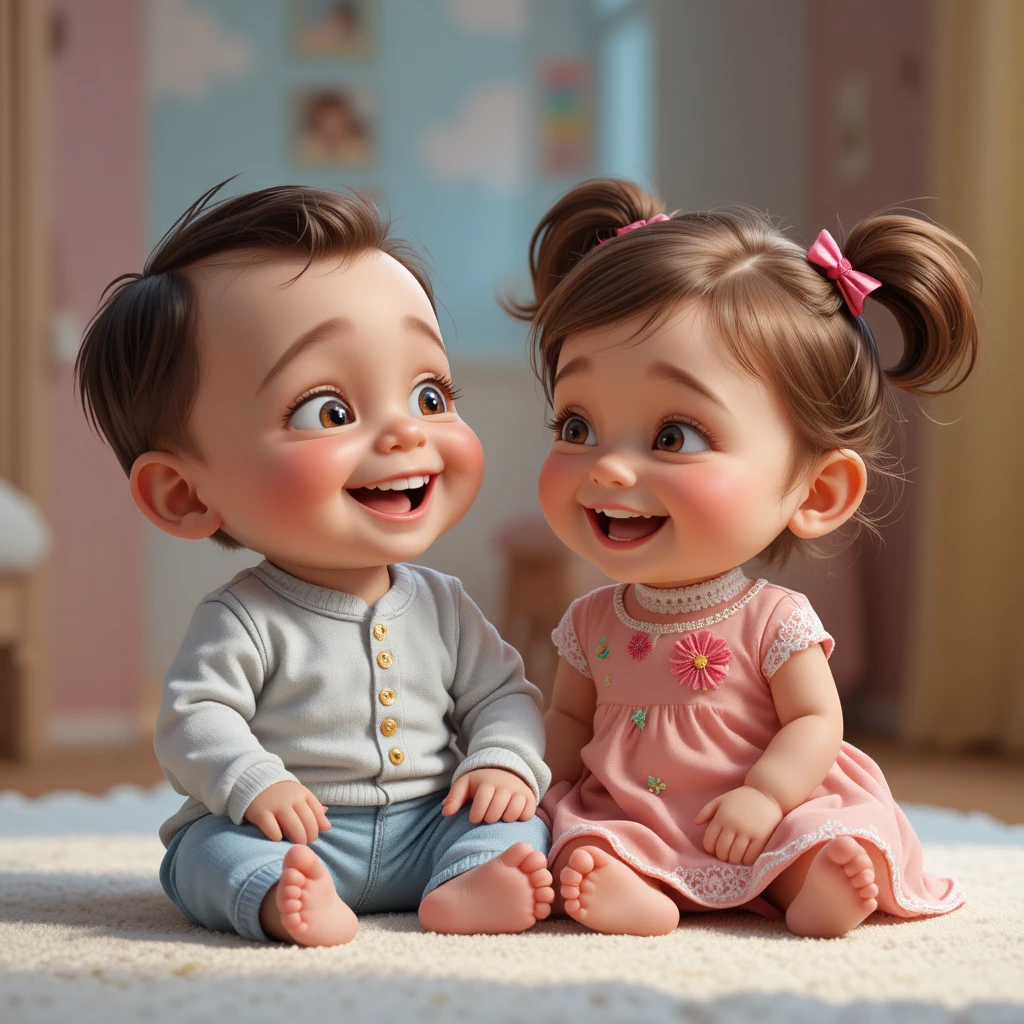 Cute 3D baby boy and girl laughing in colorful nursery