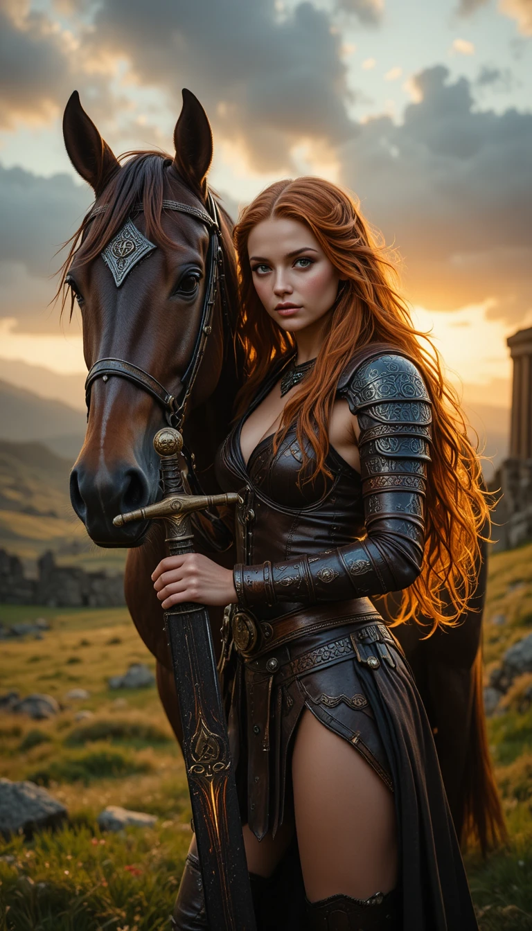 Guerrera dando de comer a su caballo al atardecer en la montaña